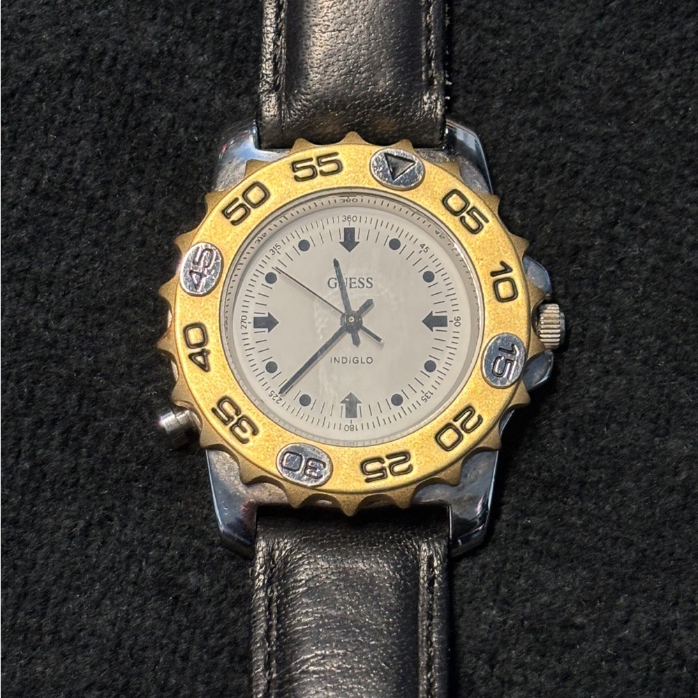 Guess Gold-Tone and Black Leather Watch